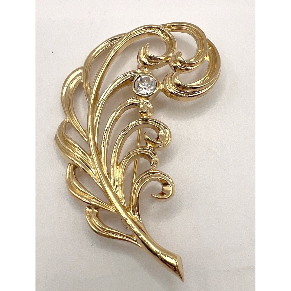 Vintage Gold Tone Abstract Floral Brooch Curved‎ Leaf Design Rhinestone